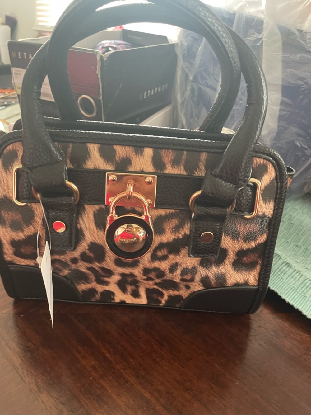 Leopard Print Structured Satchel Handbag with Gold Accent